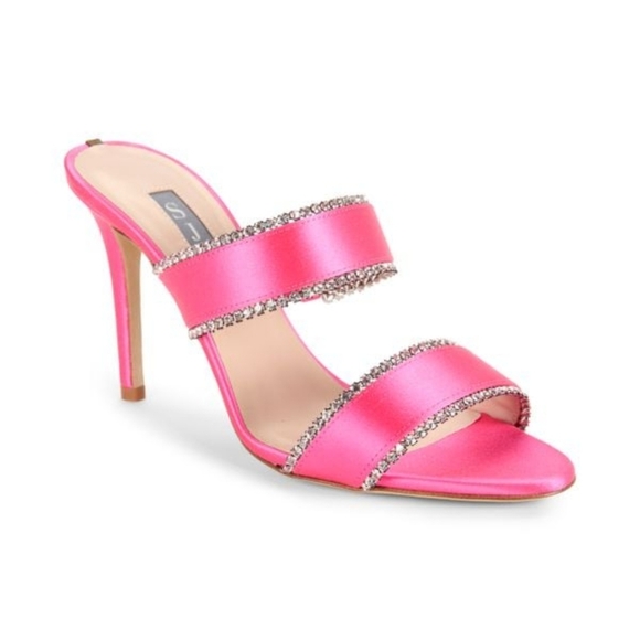 SJP by Sarah Jessica Parker Blossom Rhinestone Heel Sandals Pink Satin - Picture 1 of 10